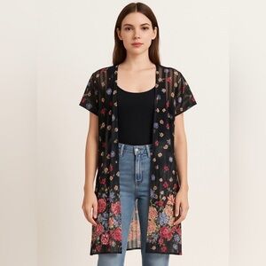 Vintage 90s Sears Place de la Mode Sheer Floral Kimono Cardigan Boho Goth Size 9